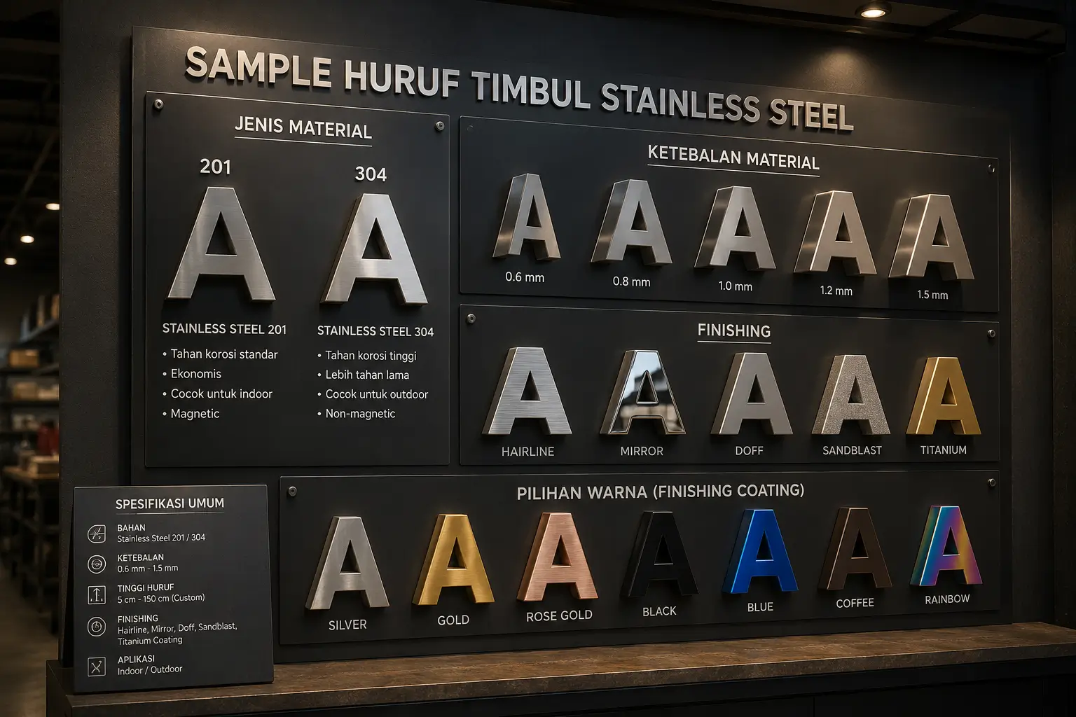 Spesifikasi Material Huruf Timbul Stainless