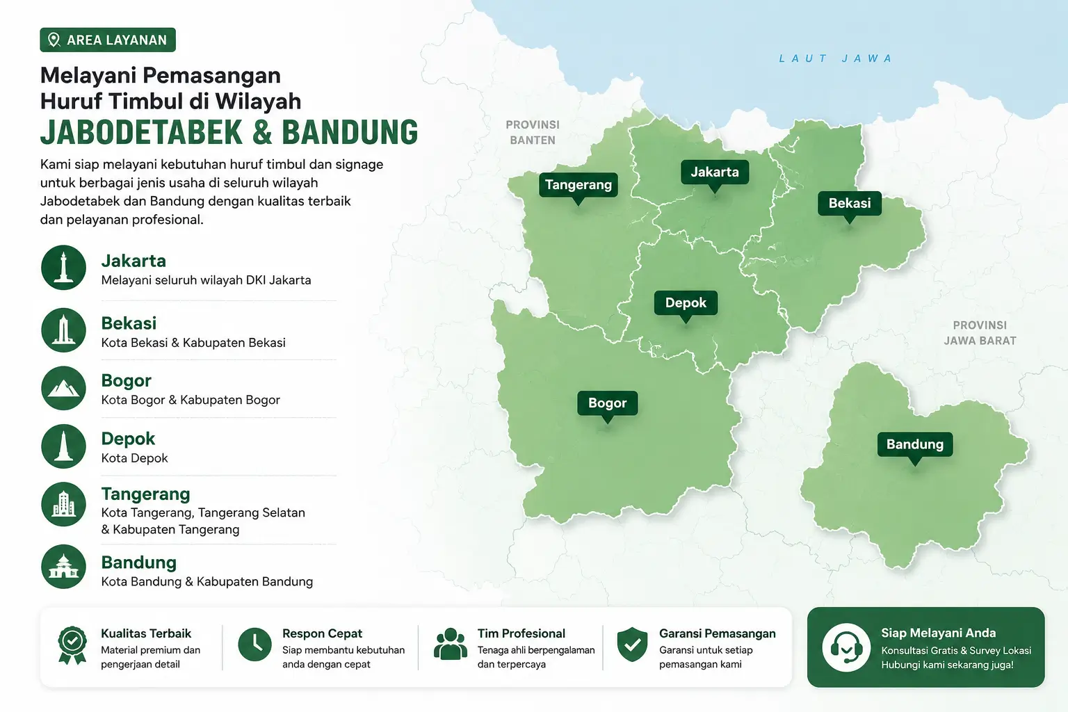Area Layanan Jasa Huruf Timbul Jabodetabek dan Bandung