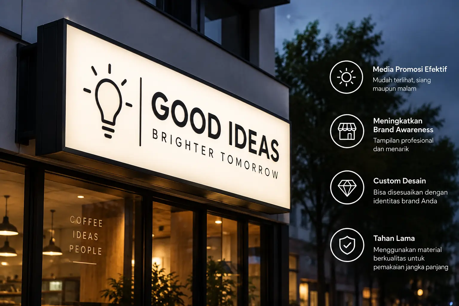 Ilustrasi neon box sebagai signage dan papan nama bisnis