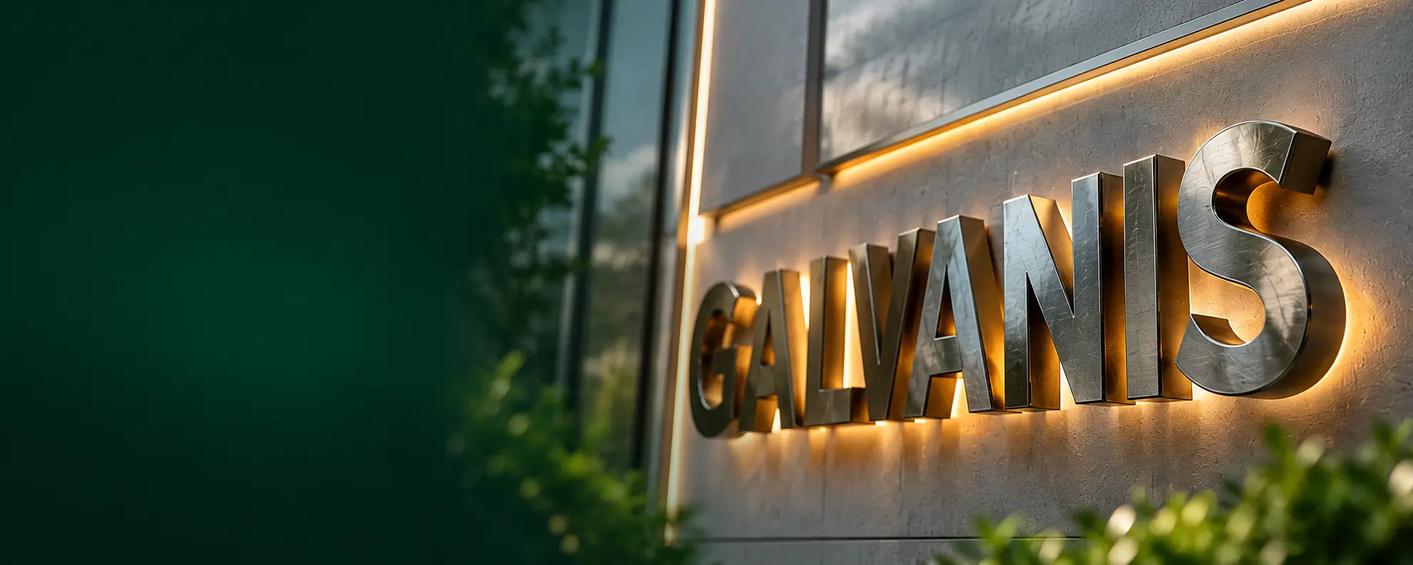 Huruf timbul galvanis custom dengan finishing metal dan pencahayaan LED pada fasad bangunan